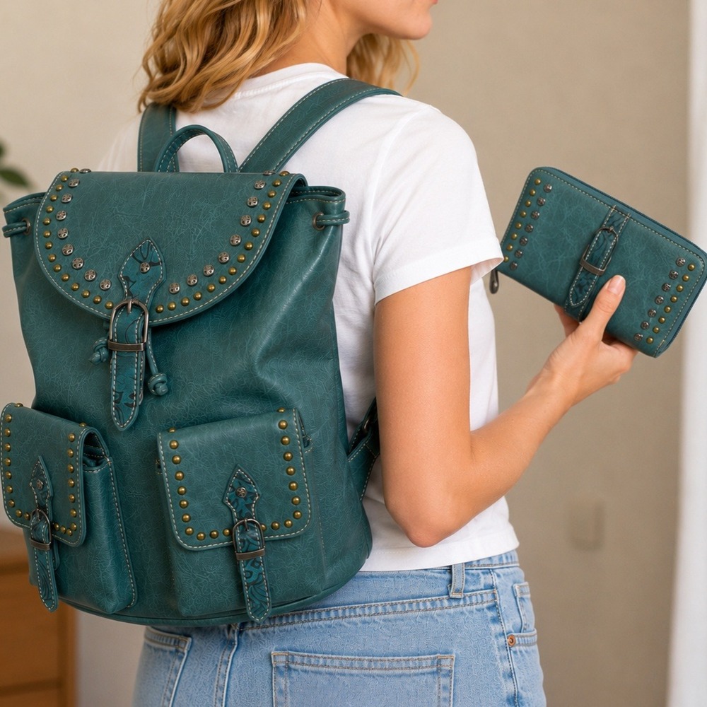 American Bling Teal Blue Western Studded Backpack and Wallet 2 Piece Set NEW